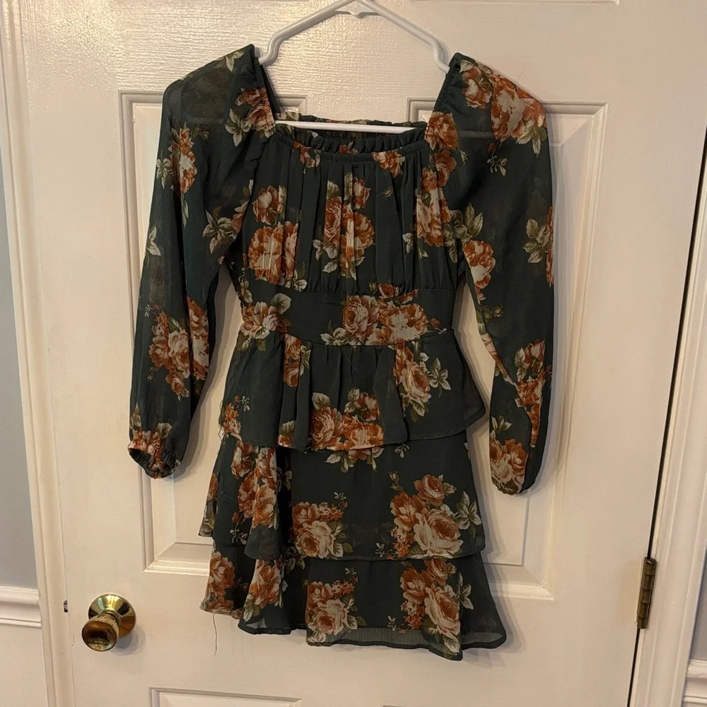 Rare Editions Olive Green Floral Tiered Puff-Sleeve Girls Dress